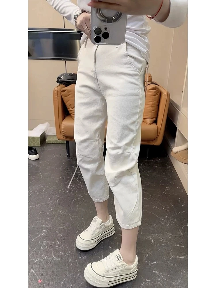 哈伦裤阔腿裤牛仔裤子女春季新款胖mm大码显瘦萝卜裤九分裤小个子