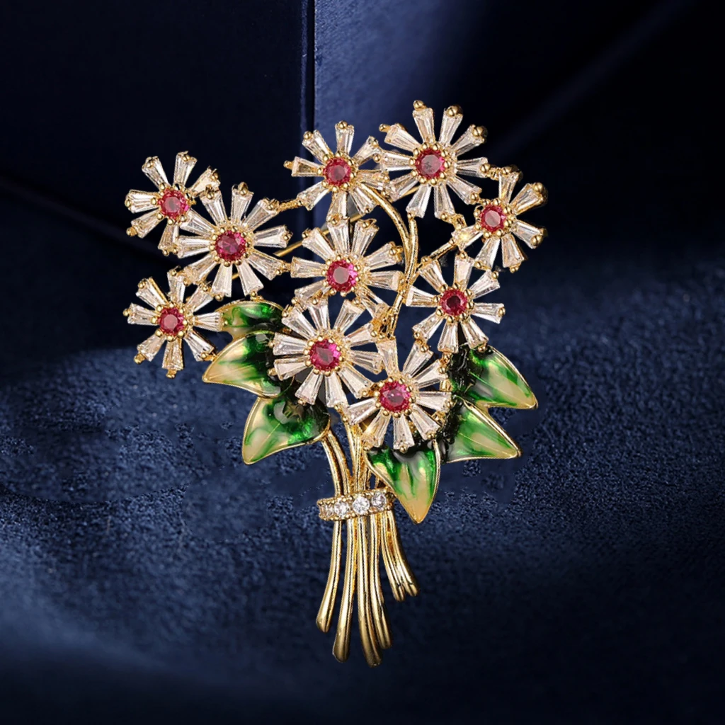 铜合金合成锆石胸针 精致彩色锆石花朵束胸针女百搭气质胸花礼物