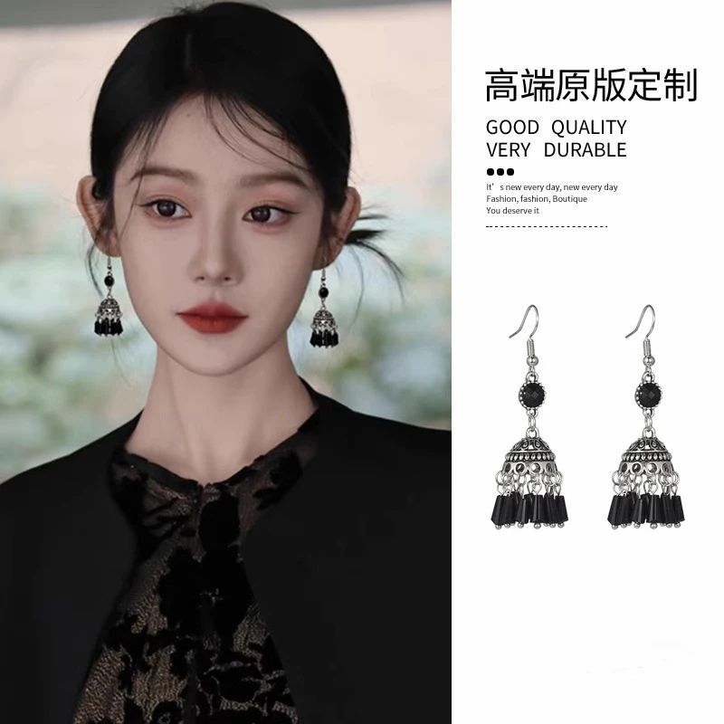 合金耳饰 新中式黑色耳环复古民族风灯笼女新款古风耳坠流苏耳钩