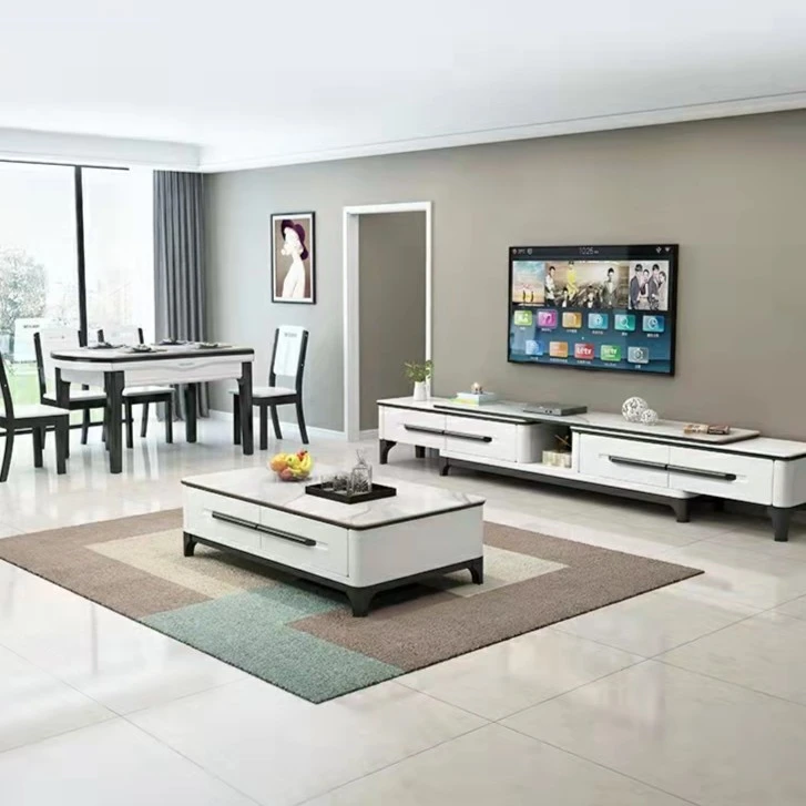 轻奢岩板电视柜茶几可伸缩桌椅三件套家具现代简约小户型方圆两用