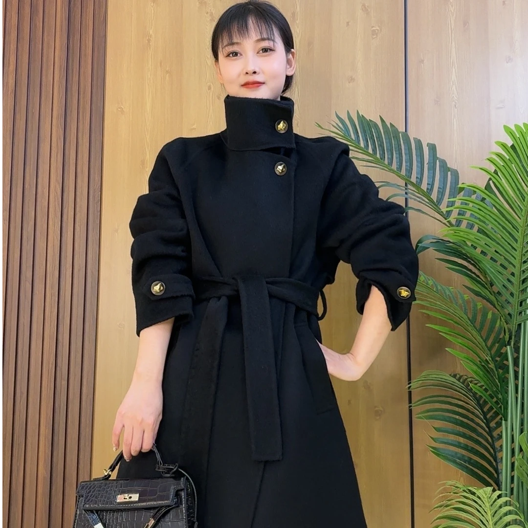 冬季新款初剪100%绵羊毛双面羊毛大衣长款宽松立领两扣羊毛大衣