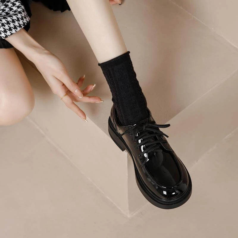 FAVMARTHA乐福鞋女鞋子新款2023爆款春秋软底系带黑色JK洛丽塔单