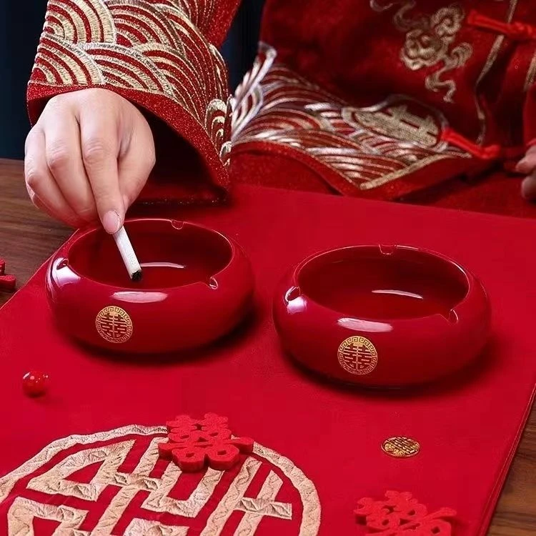 喜字烟灰缸结婚家用客厅茶几高级红色陶瓷烟缸婚礼喜庆 婚庆 用品