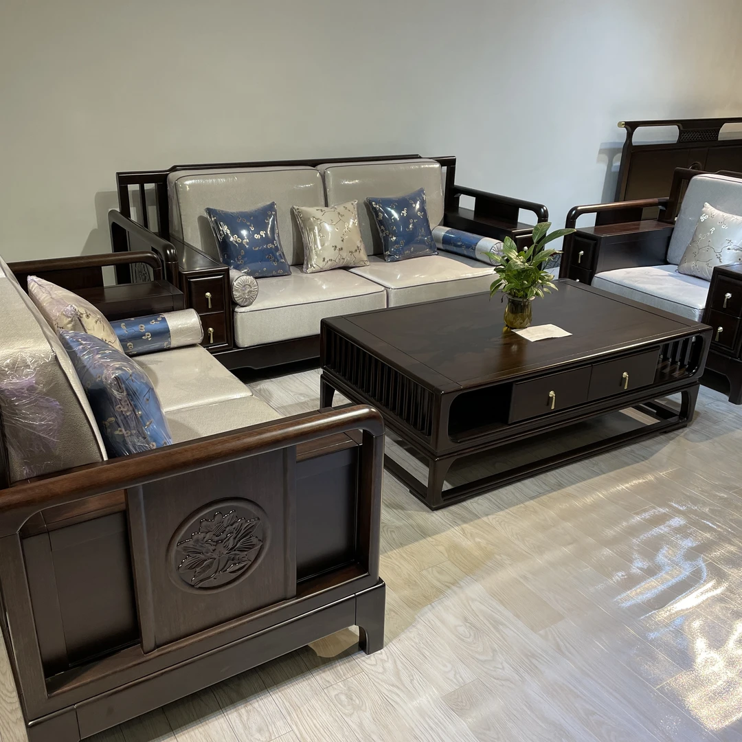 宏邦实木沙发组合黑檀木家用国风冬夏两用客厅新中式沙发68#1+2+3