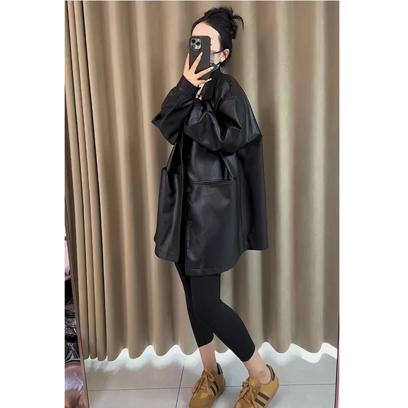 高级感宽松polo领皮衣女欧洲站2024秋季新款时尚百搭休闲纯色外套