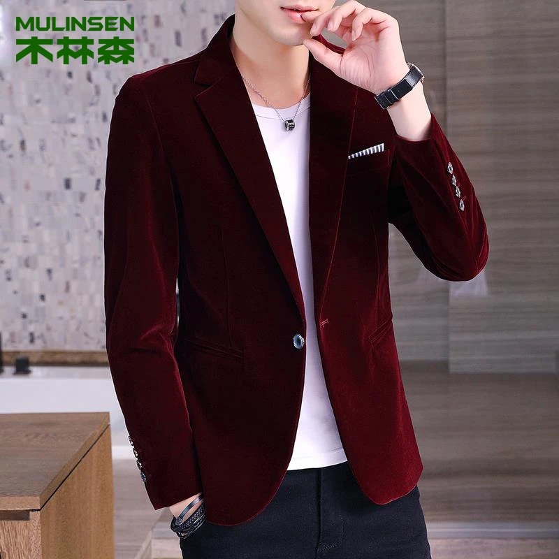 木林森酒红色西服男士金丝绒西装外套秋季新款潮流款高级单西男装