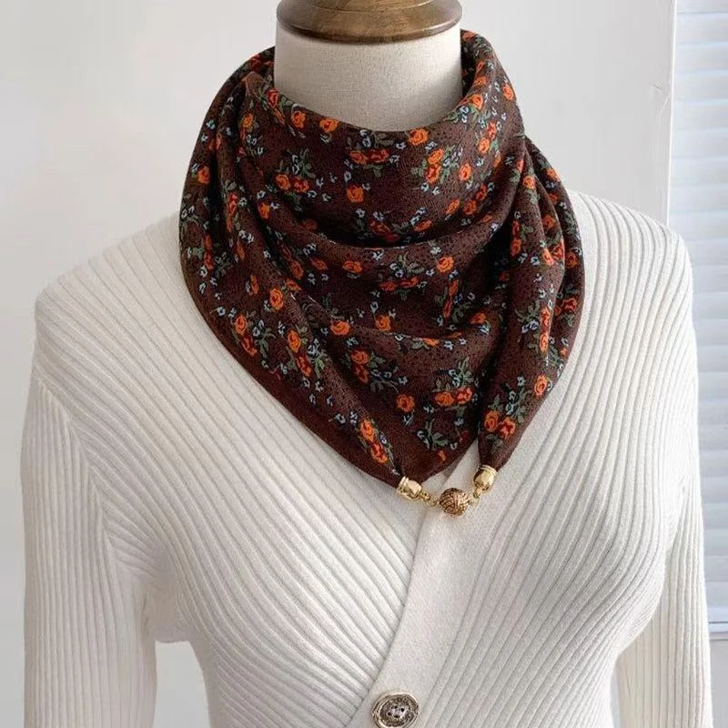 磁吸扣多功能围巾丝巾女三角巾小碎花洋气百搭围脖秋冬保暖时尚潮