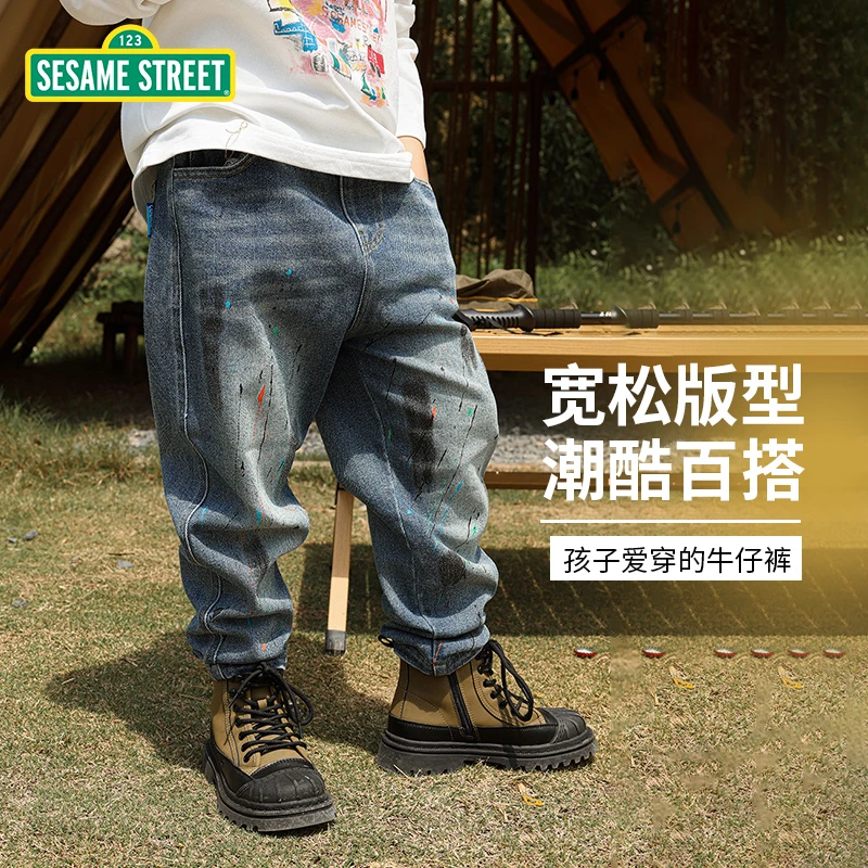 【XY】芝麻街秋季新款儿童个性漆印百搭牛仔裤ZQAM023