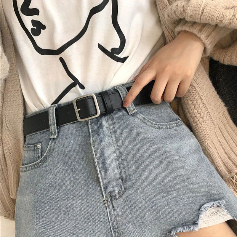 简约风方扣腰带男女通用宽皮带女学生韩国时尚ins裤带百搭黑潮流