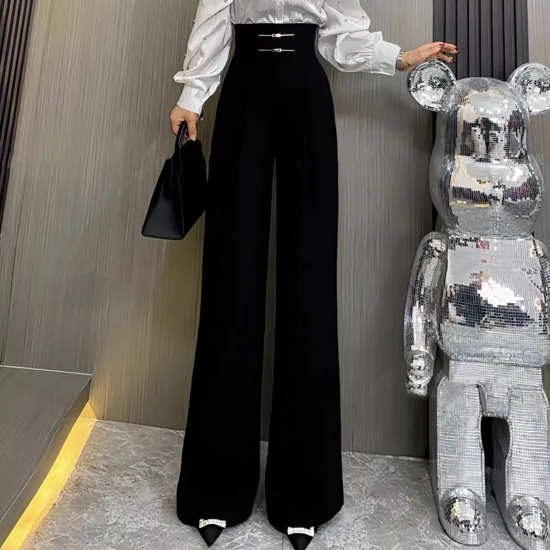 秋季新款时尚气质显瘦百搭洋气设计款金属高腰垂感阔腿西装裤休闲