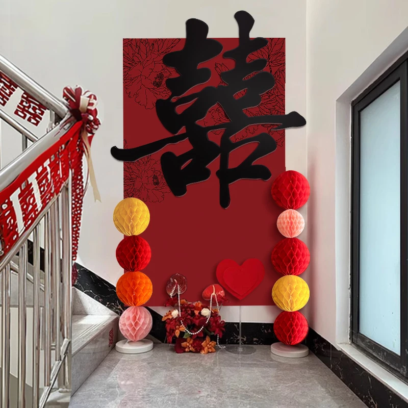 楼梯扶手背景墙布置喜字kt板结婚男方婚礼新房装饰婚房高级感农村