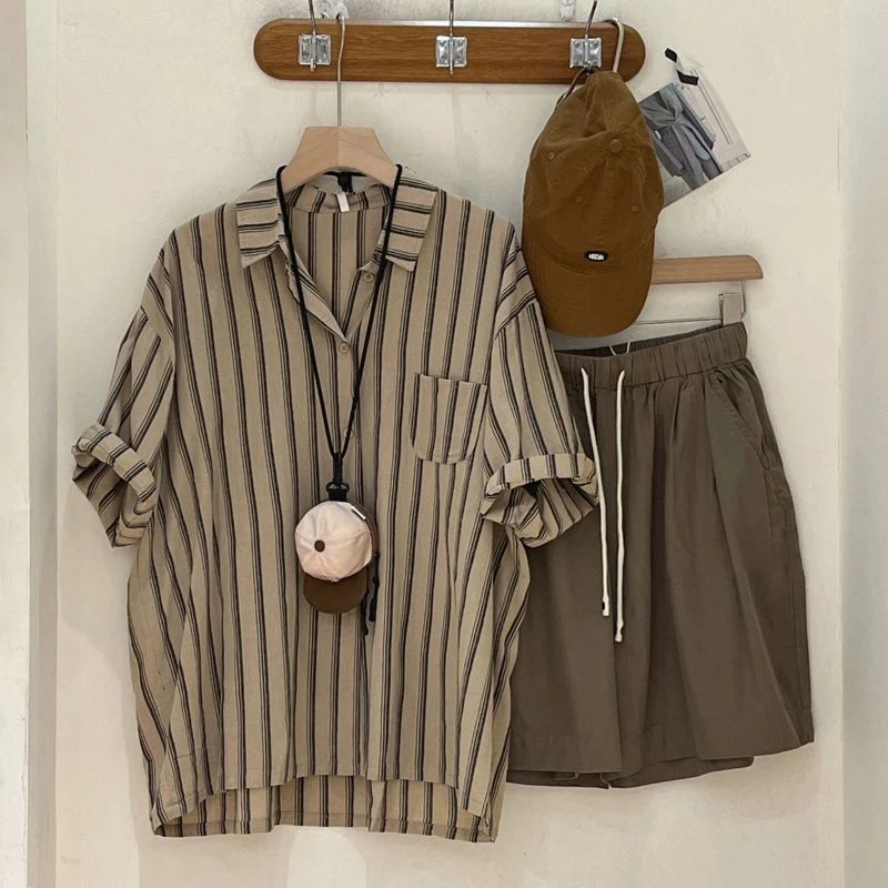 潮牌复古休闲套装男夏季宽松韩版潮流短袖条纹衬衫短裤搭配两件套