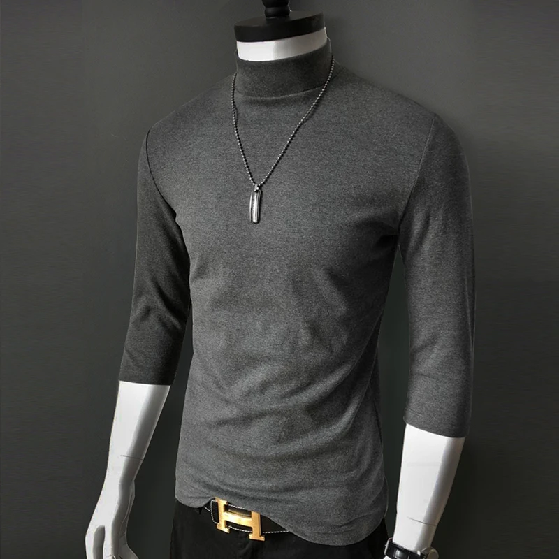 高端七分袖T恤男秋季丝光棉莫代尔加绒半高领7分袖修身中领打底衫