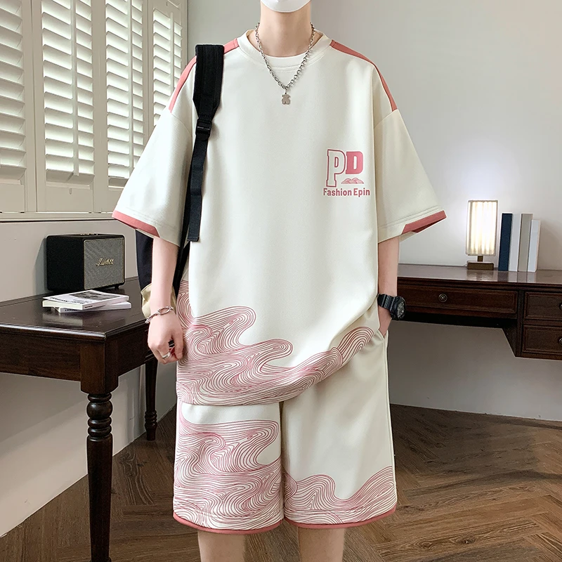 潮牌休闲运动套装男夏季潮流ins冰丝宽松短袖t恤短裤轻奢痞帅男装