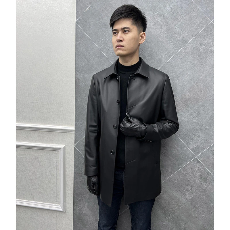 男士商务中长款翻领绵羊皮风衣黑色百搭修身高档真皮秋季外套