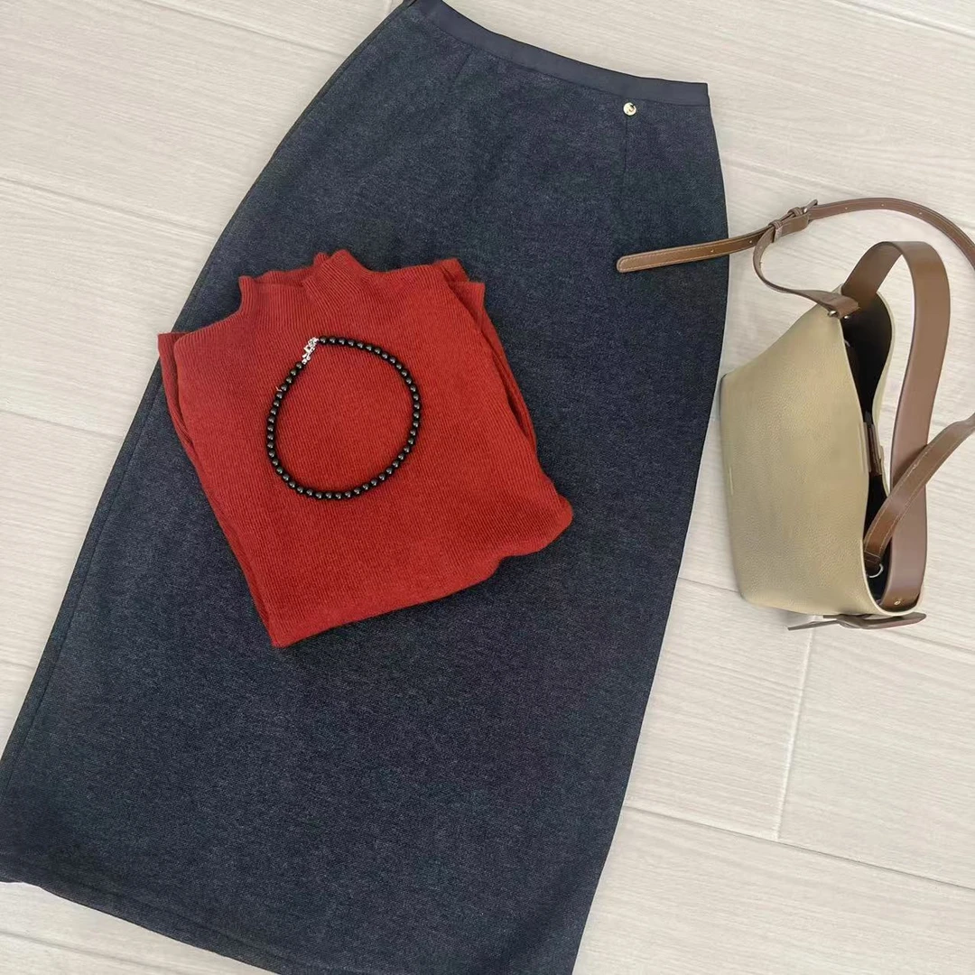 【志玲家】优选韩系毛呢直筒开叉半身裙