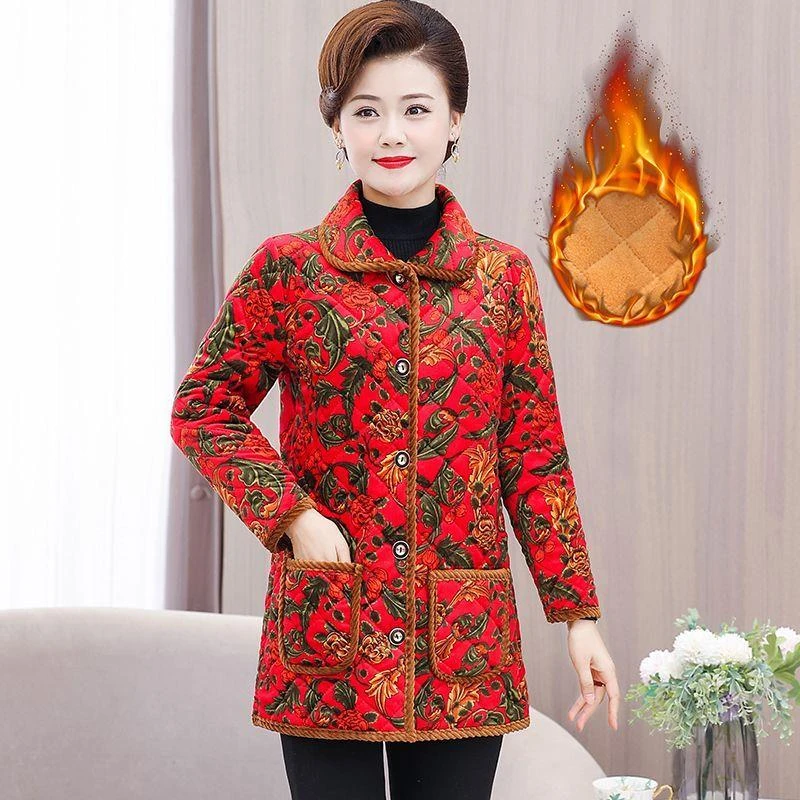 加绒加棉中长款棉服中年女装保暖棉衣秋冬绒面外套妈妈装棉袄口袋