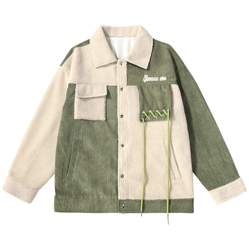 GENANX/闪电潮牌杏绿撞色格纹格子灯芯绒拼羊羔绒绣花夹克 JS896