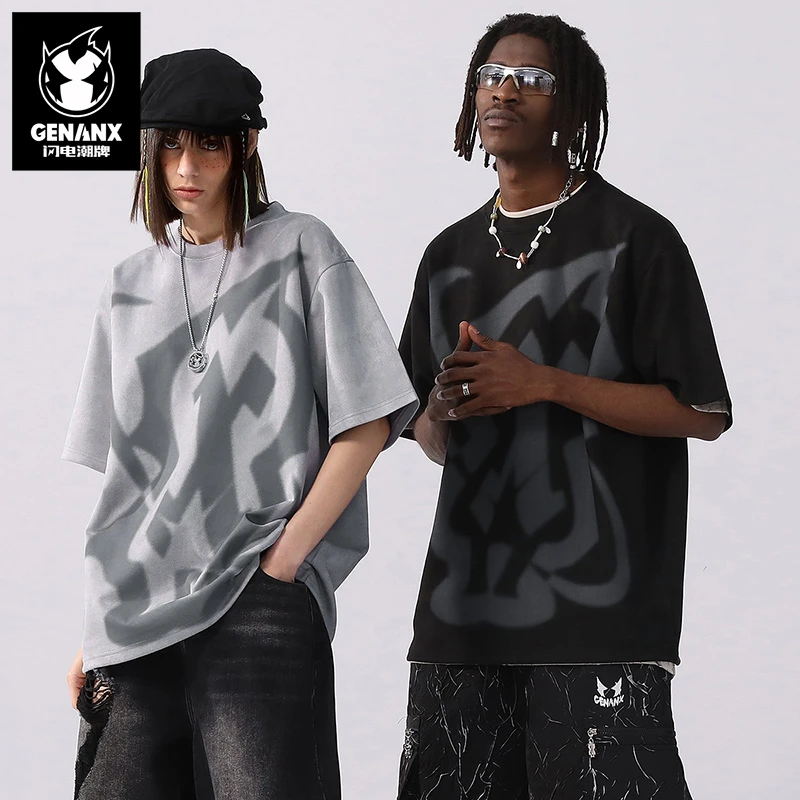 GENANX闪电潮牌夏季新款情侣装复古风宽松版落肩袖重磅T恤男C1810