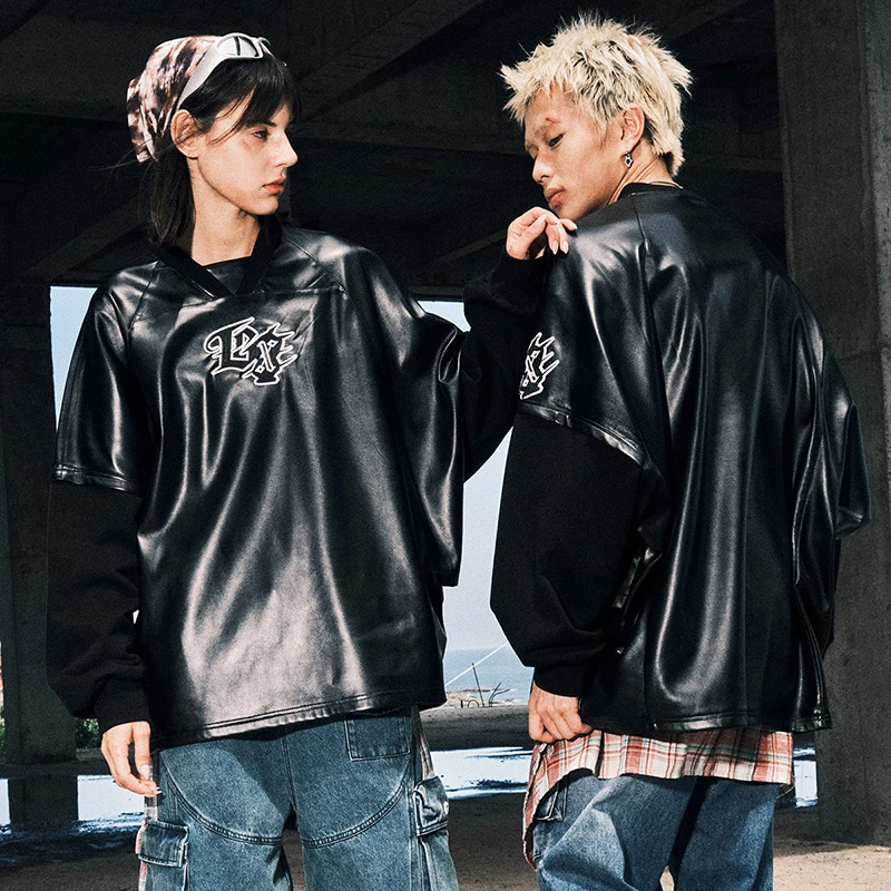 GENANX闪电潮牌拼接字母绣花V领插肩袖加绒保暖套头情侣卫衣W1138