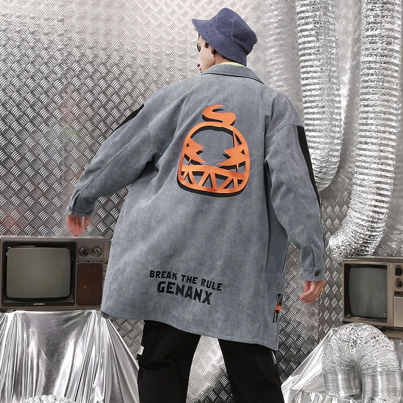 GENANX闪电潮牌中长款风衣翻领时尚印花格雷系灯芯绒外套F313