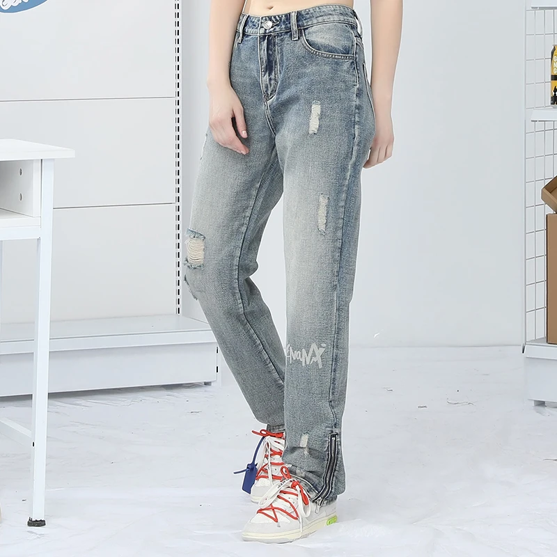GENANX闪电潮牌高街水洗牛仔裤破洞线须裤脚拉链小脚牛仔长裤P397