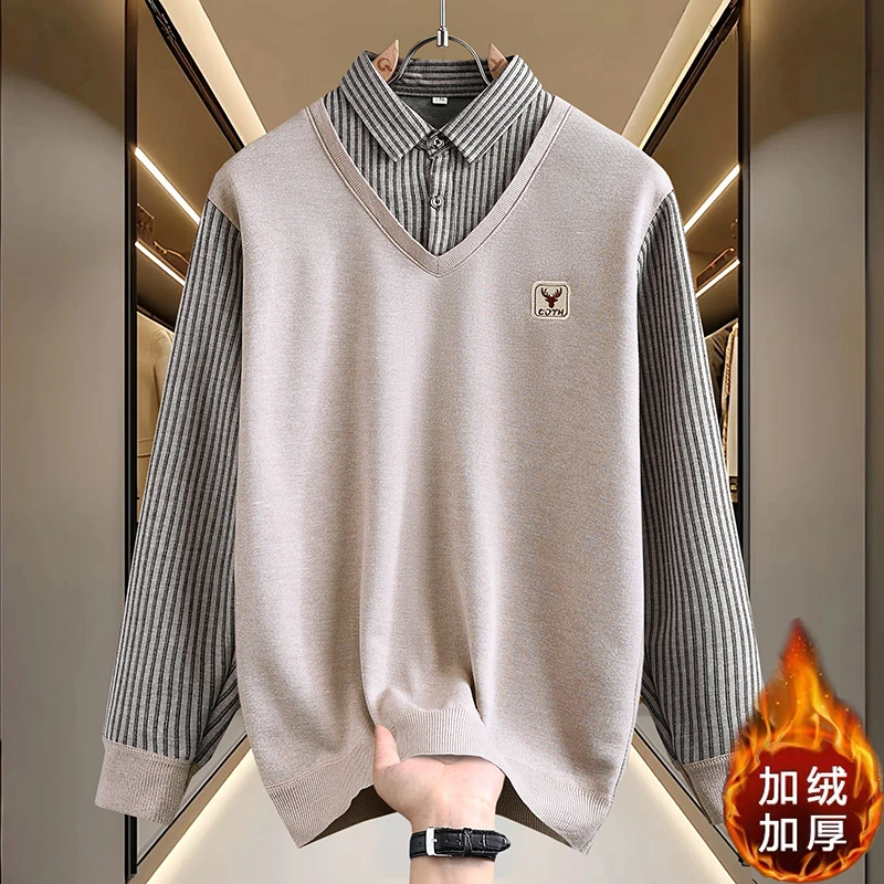 男士假两件衬衫领毛衣男款秋冬季针织衫男装打底衫加绒保暖上衣服