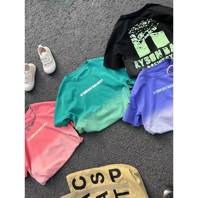 童装儿童夏季韩版黑色吊染渐变时尚百搭潮流宽松圆领短袖 B62401