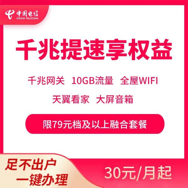 【千兆网关升级10元/月】湖北电信提速包享权益-限79档以上融合套餐