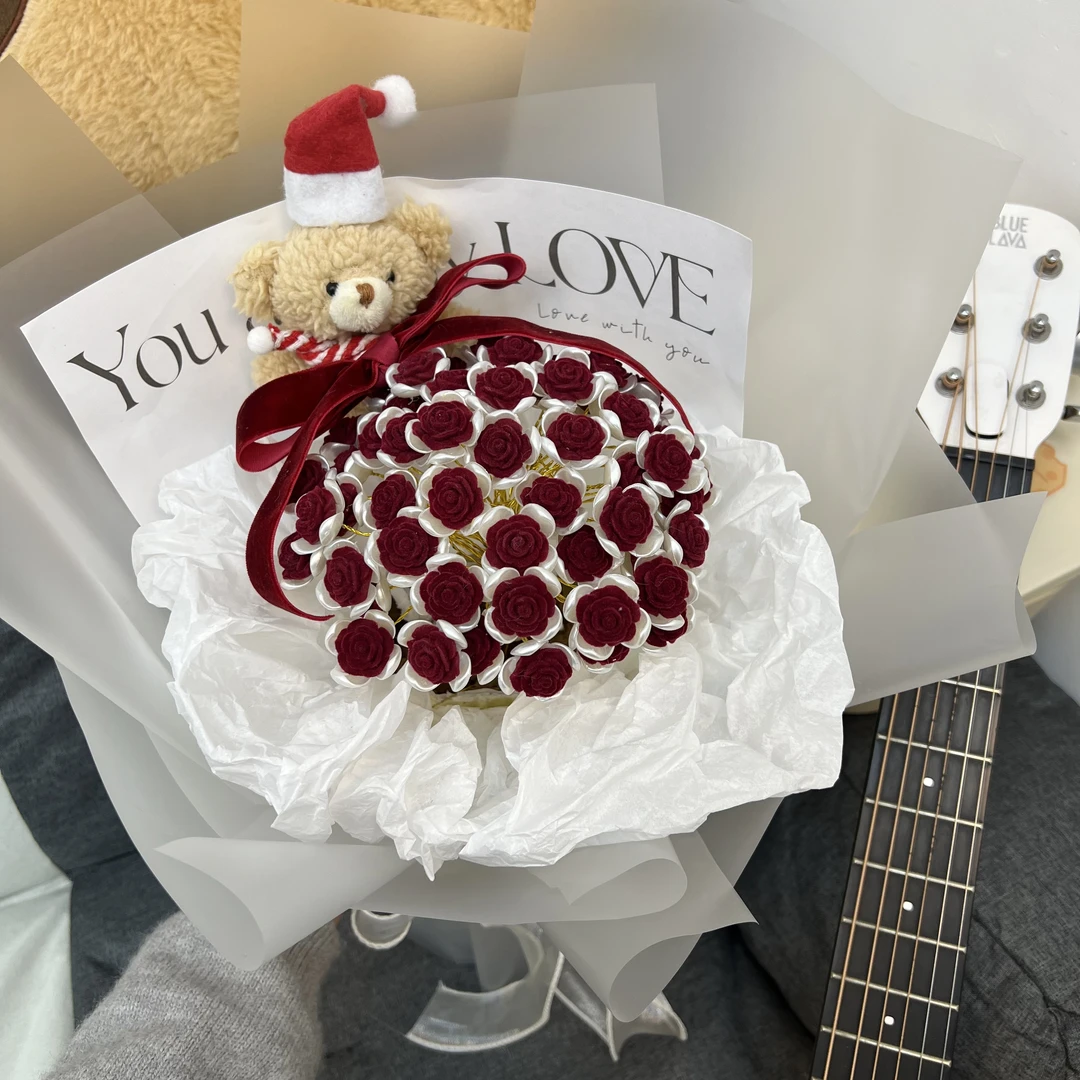 手工自制DIY材料包可爱圣诞小熊永不凋零玫瑰花束生日礼物送女生
