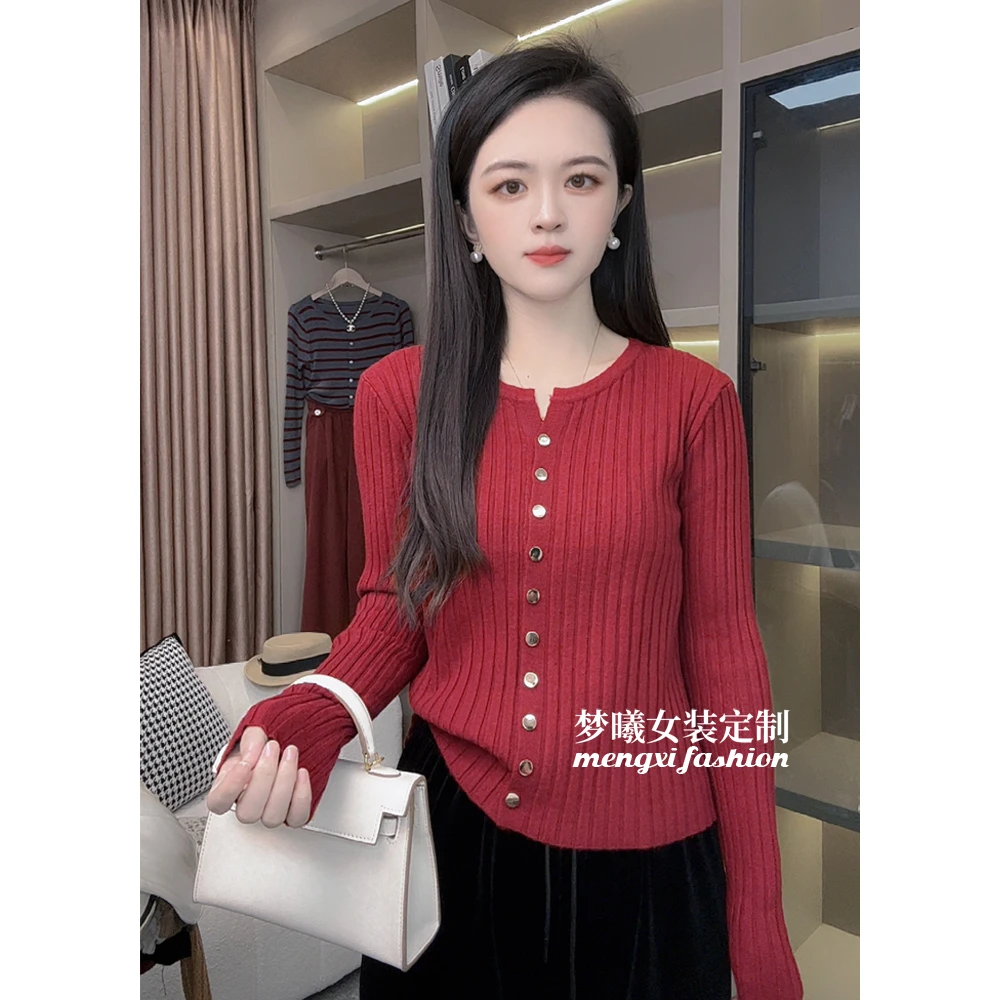 梦曦洋气针织开衫女长袖2024年秋装新款圆领修身显瘦百搭毛衣8055