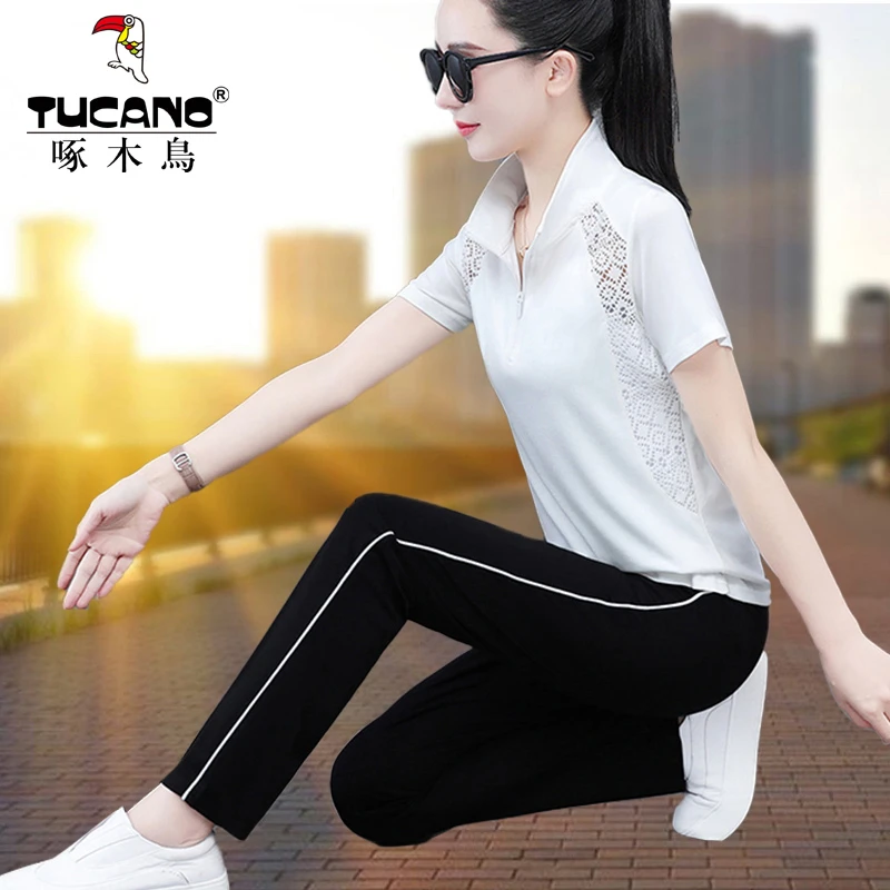 冰丝短袖运动装套装女2024新款夏季洋气妈妈40岁跑步休闲服两件套