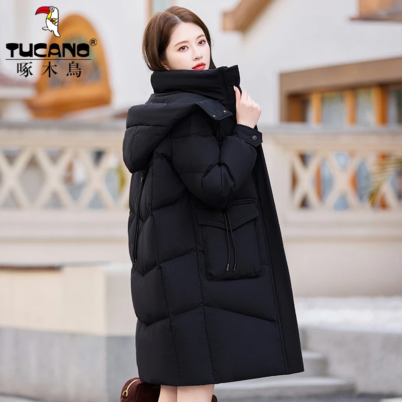 中长款羽绒服女2024年新款冬装白鸭绒小个子时尚可拆卸帽加厚外套