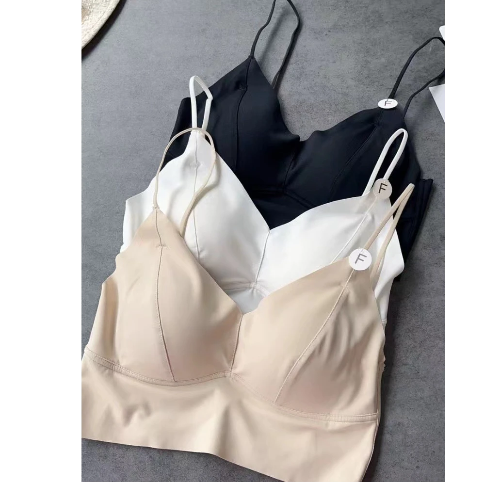 新款無痕冰丝吊带美背性感交叉镂空固定杯垫薄乳胶内搭防走光内衣