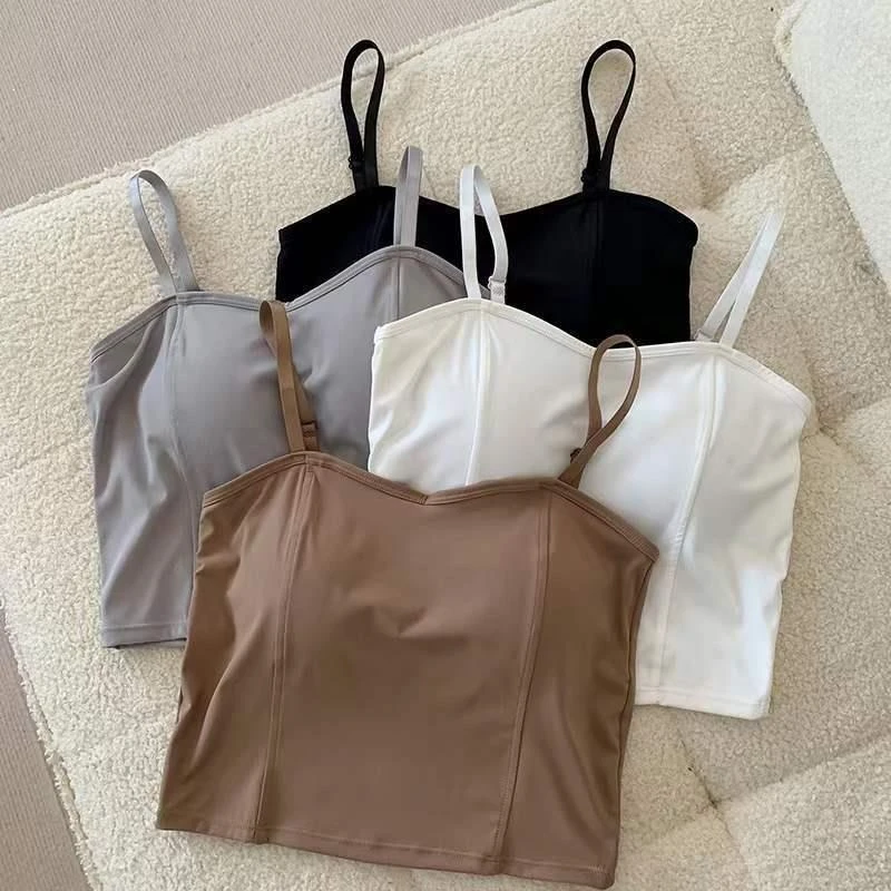 夏季冰丝内穿细肩带中长背心露脐固定胸垫外穿纯色吊带打底上衣女