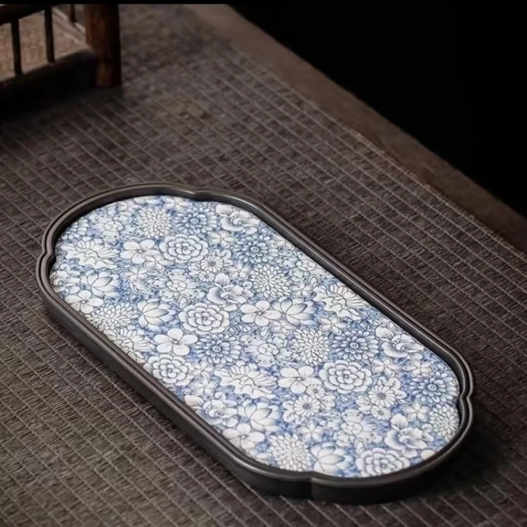 复古青花茶盘家用陶瓷中式小型吸水禅意干泡盘托盘