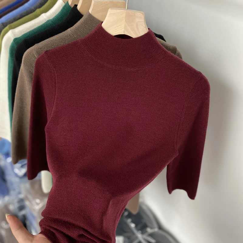 100%精纺纯羊毛半高领针织打底衫女修身显瘦中袖薄款气质内搭上衣