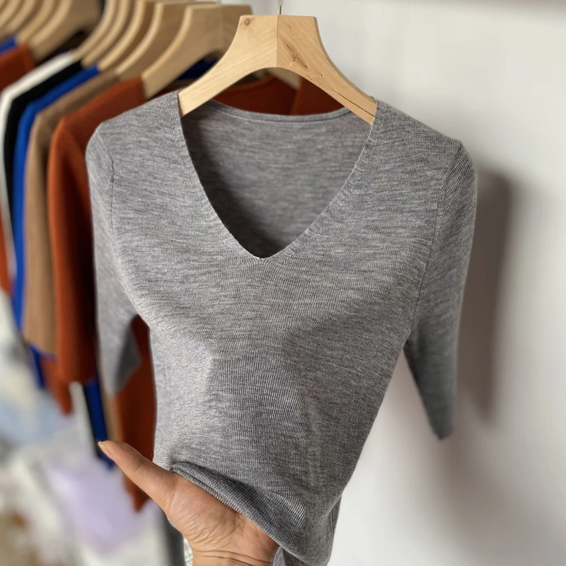 2025夏季超细美丽诺羊毛纯色V领短袖T恤上衣修身半袖针织打底衫女