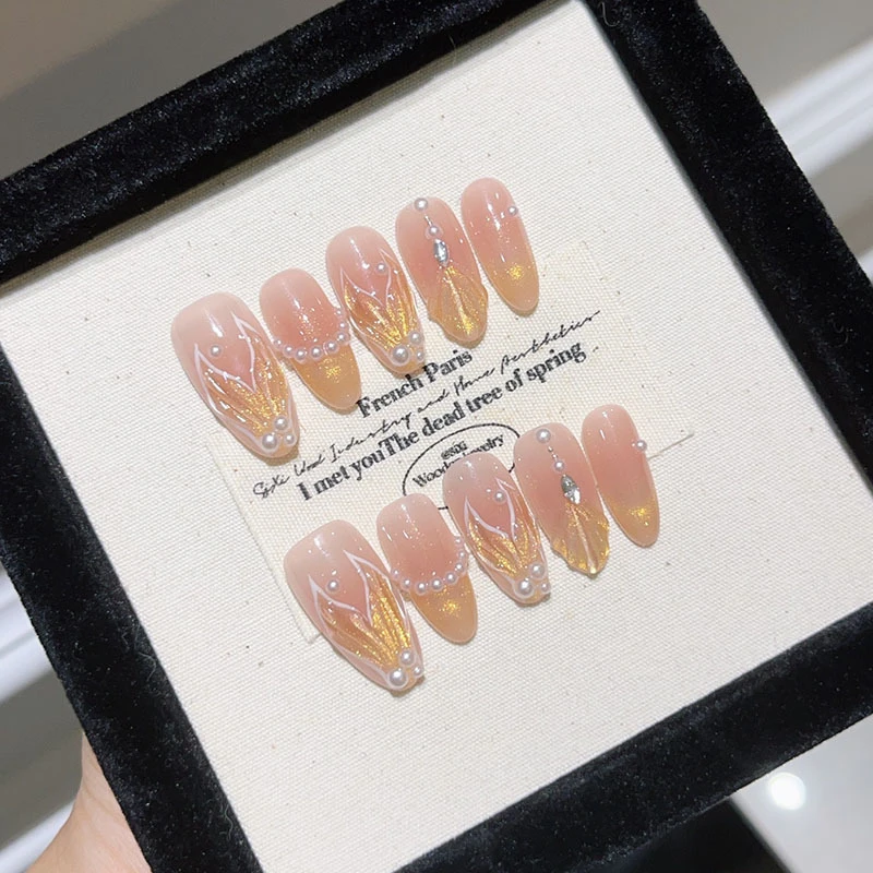 人鱼之恋金色猫眼美甲纯手工穿戴甲成品甲片高级感贴尤莱特