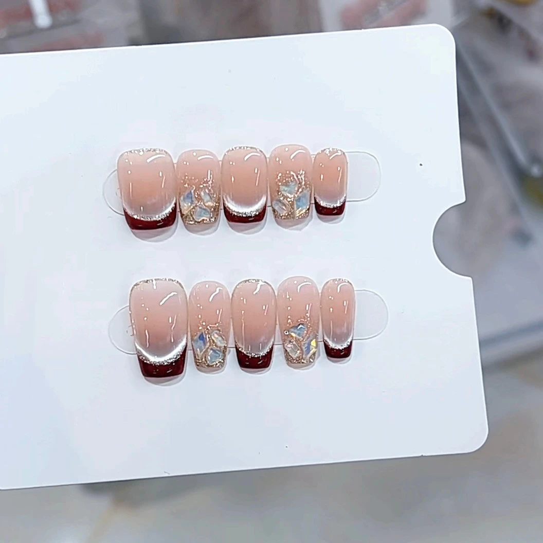 纯手工光疗穿戴甲半糖红茶成品重复使用美甲贴片可拆卸