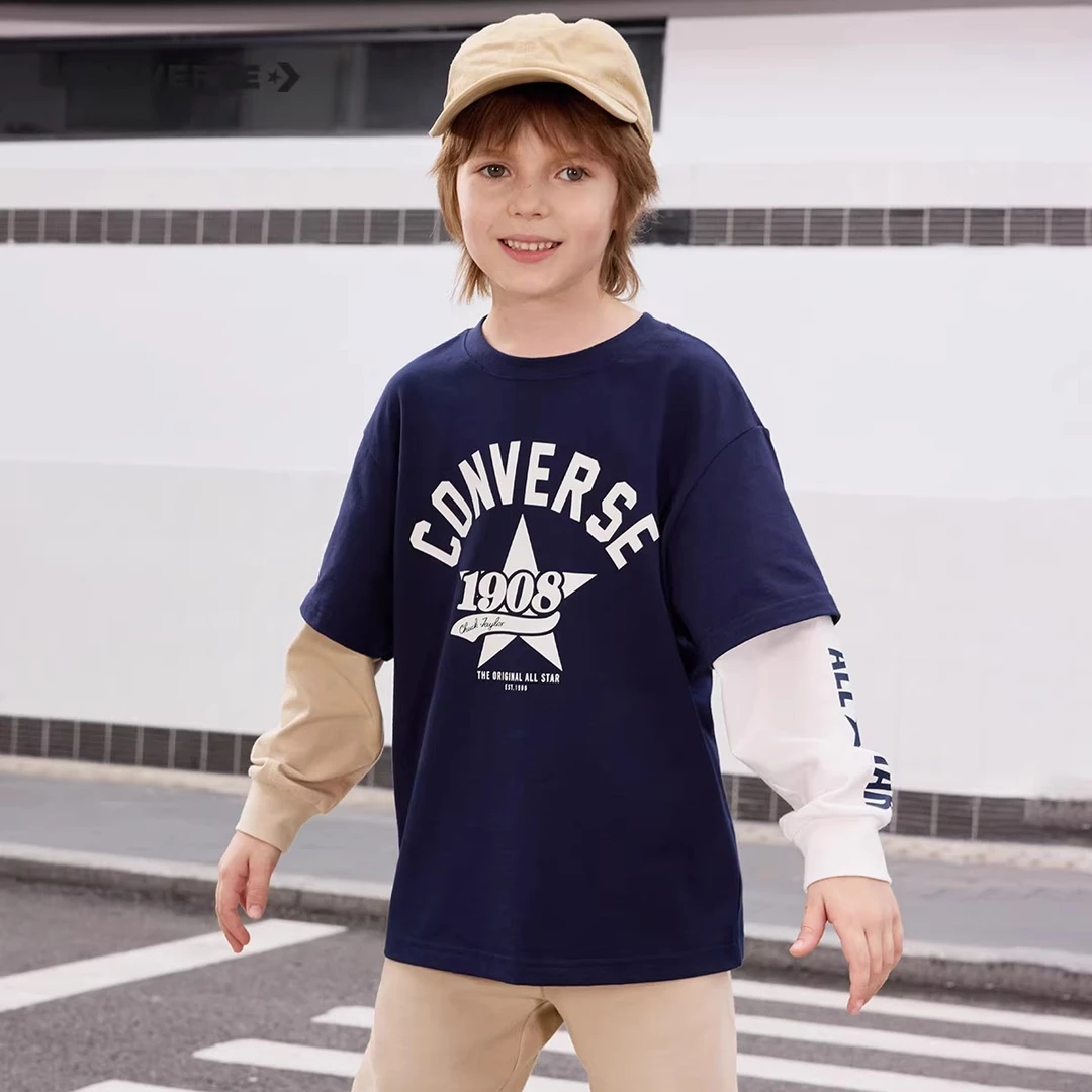 Converse匡威童装男童假两件纯棉圆领卫衣春秋儿童运动长袖上衣