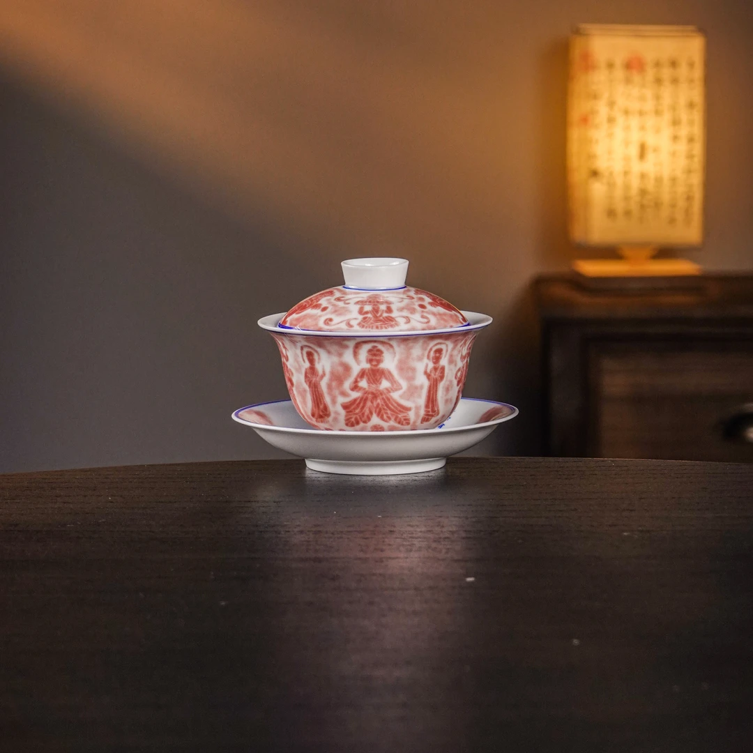 敦煌拓片拓画盖碗茶杯纯手工青花瓷釉里红拓片盖碗茶杯主人杯茶具