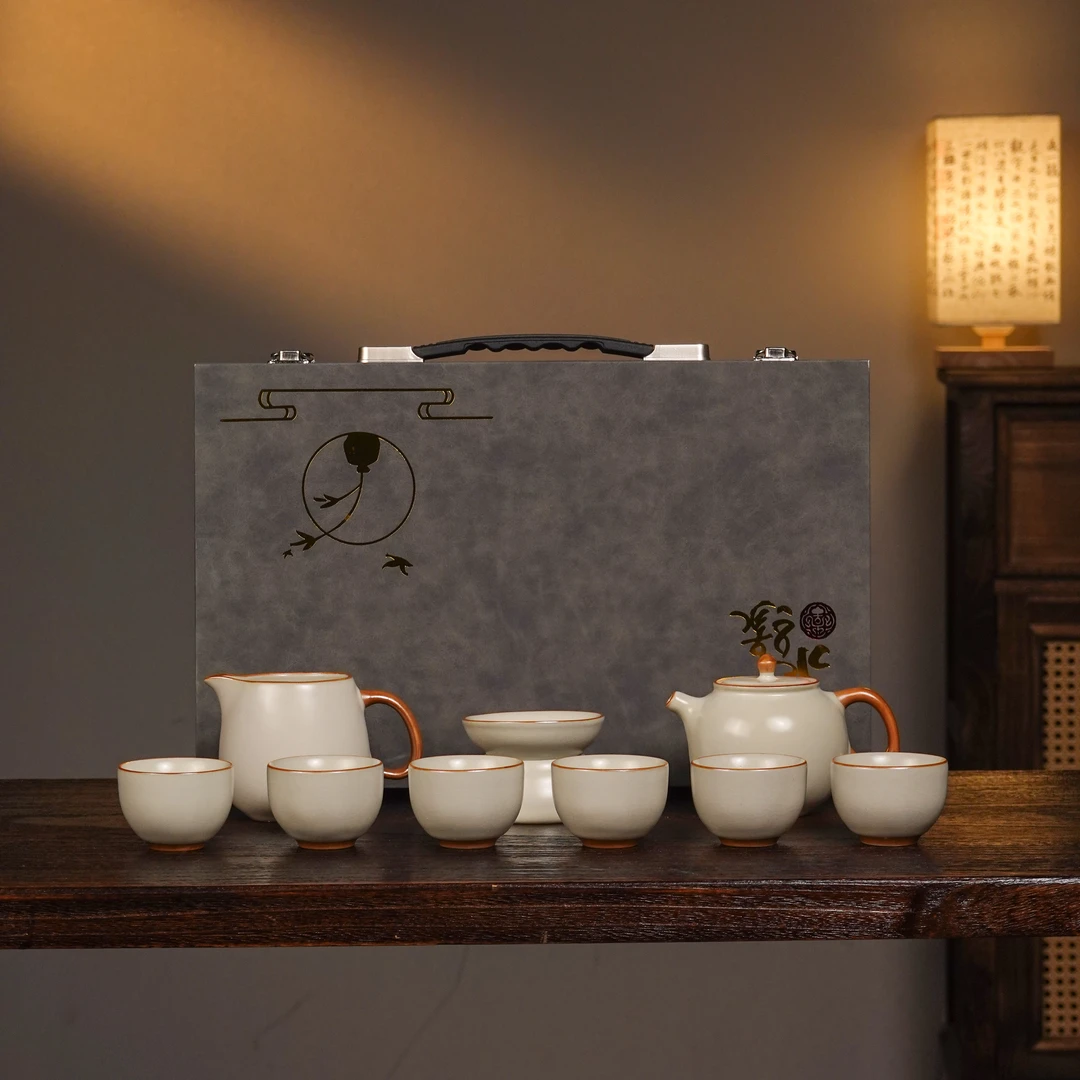 精品汝窑茶杯茶具套装整套礼盒装米黄汝窑开片可养线功夫茶具套装