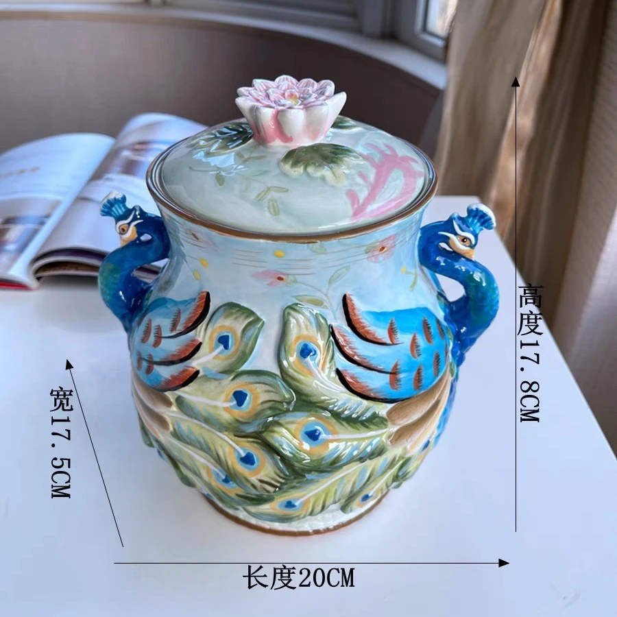 陶瓷琴瑟和鸣吉祥孔雀密封罐茶叶罐家居桌面架摆件长20*17.5*17.8