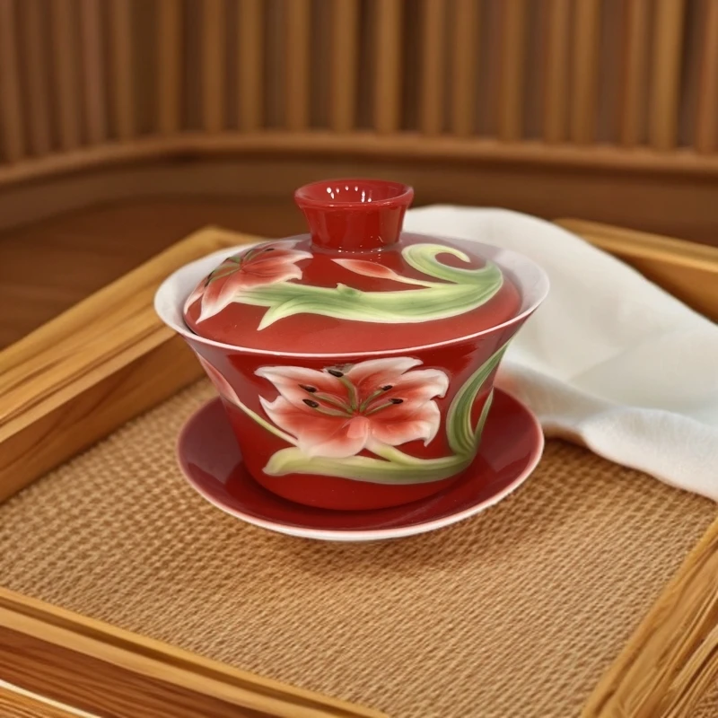 陶瓷珐琅彩红地百合花茶杯高9cm口径10cm茶室客厅餐厅喝茶质地细
