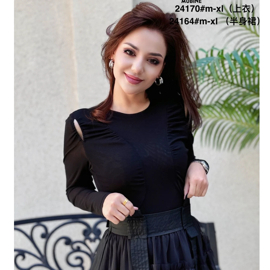 MUBINE 新款洋气淑女修身圆领网纱沙提上衣 24170