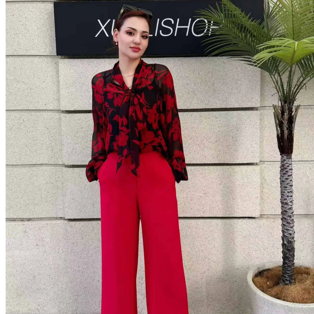 MUBINE 春秋新款高级感精致印花长袖衬衫+裤子套装 2493（特价）