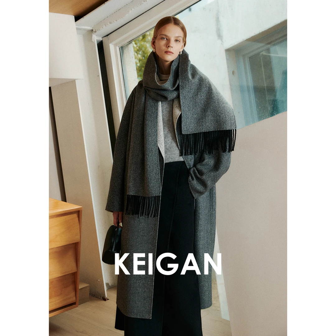 KEIGAN/开间开间/定织高支手工双面呢异色人字纹经典温莎围巾大衣