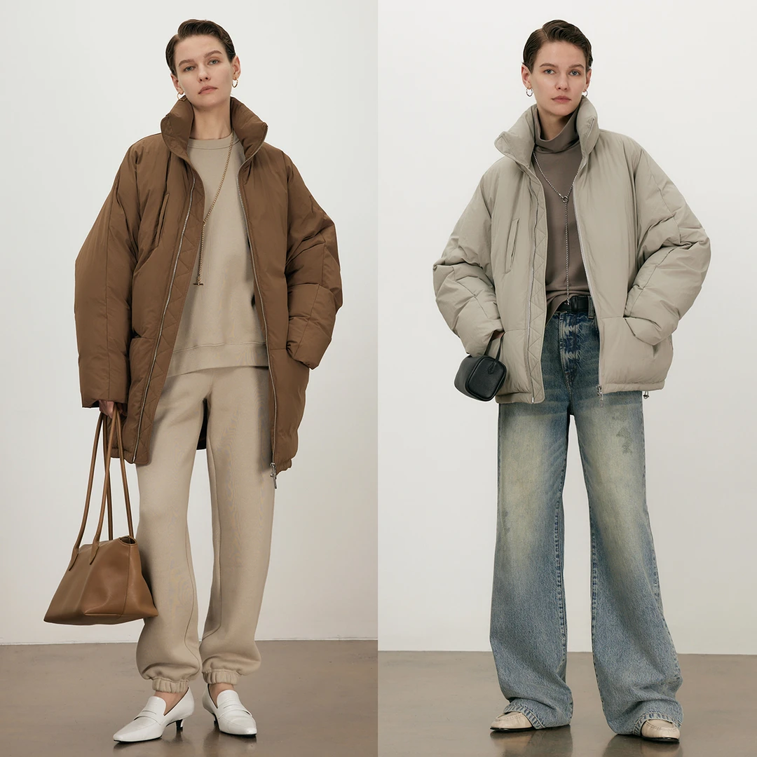 开间/定织微纸皱95白鹅绒 温暖轻盈双开拉链蝙蝠袖长短羽绒服