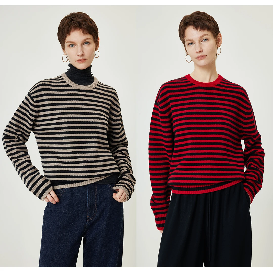 开间/强推B入极细柔软荃羊毛宽松佰搭撞色条纹慵懒小廓形针织毛衣